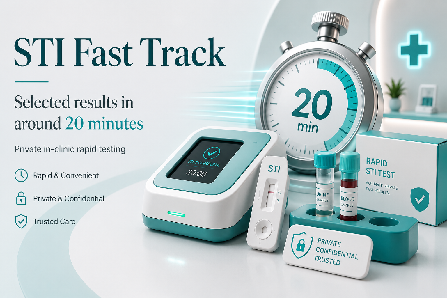 STI Clinic Dublin STI Fast Track at CareBridge Medical Dublin with selected rapid STI test results in around 20 minutes, private in-clinic testing, rapid testing device and sample tubes