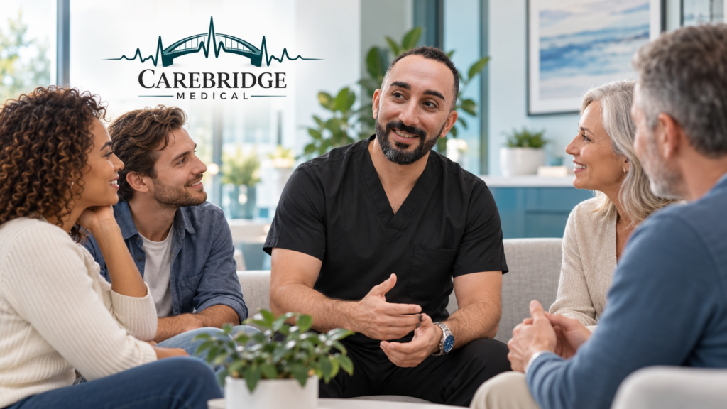 Illustration of a CareBridge Medical doctor speaking with adults of different ages about sexual health and STI testing.